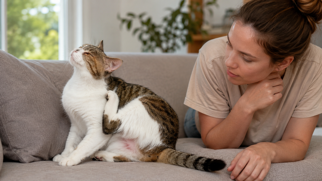 Chat qui se gratte à cause de piqûres de puces près de la queue – Litière Pacha