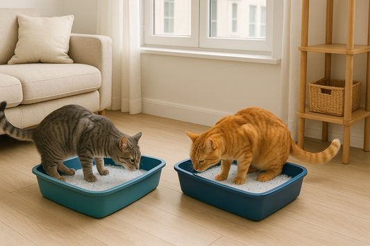 Deux chats utilisant chacun un bac à Litière Pacha séparé, illustrant la règle un bac par chat plus un.