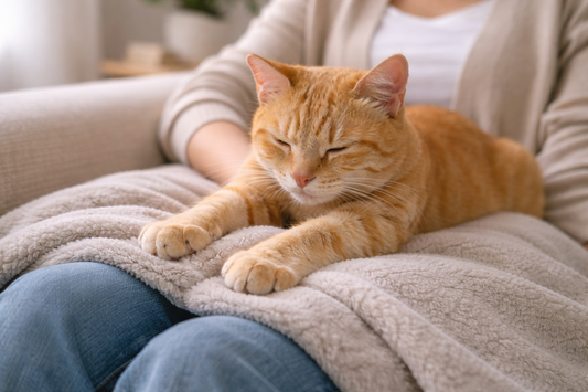 Chat pétrissant doucement sur les genoux de son propriétaire, signe de confiance et de bien-être – Litière Pacha
