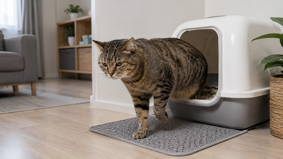 Chat stressé présentant des troubles urinaires près de sa litière – Litière Pacha