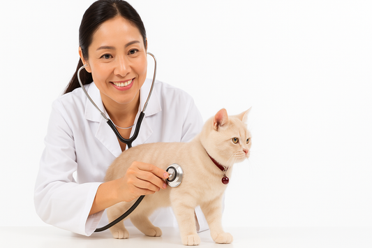 Vétérinaire asiatique examinant un chaton crème avec stéthoscope — visite de contrôle avec Litière Pacha