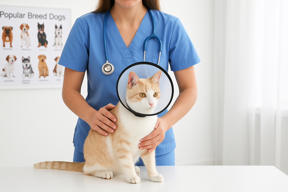 Vétérinaire souriante examinant un chat roux sur une table de consultation — santé féline et prévention avec Litière Pacha