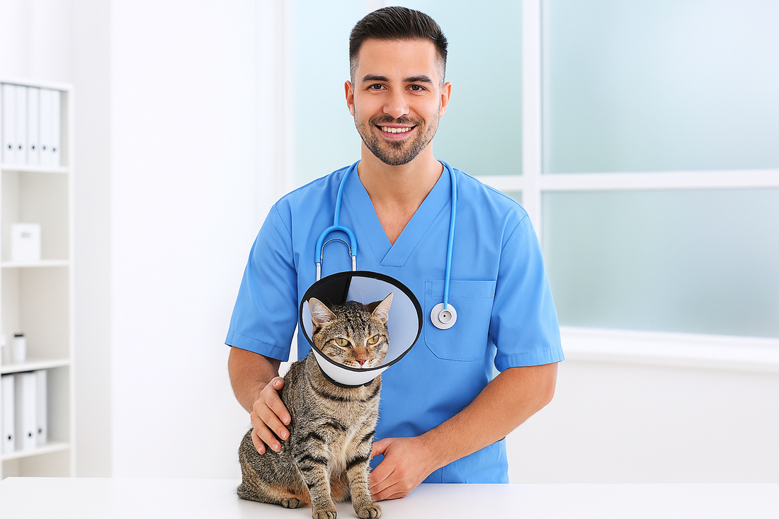 Vétérinaire homme examinant un chat avec collerette dans une clinique – Litière Pacha