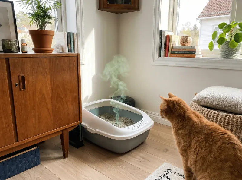 Chat roux observant un bac à litière