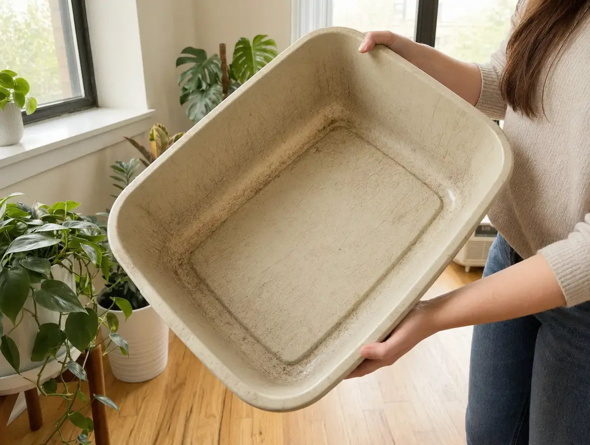 Bac plastique usé, rayé, taché par les infiltrations d'urine