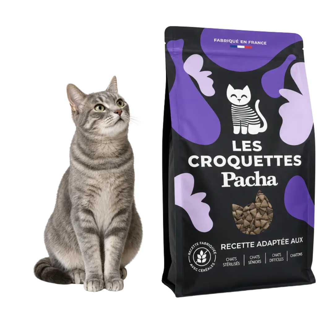 Sac de croquettes Pacha offert + chat assis qui regarde le sac