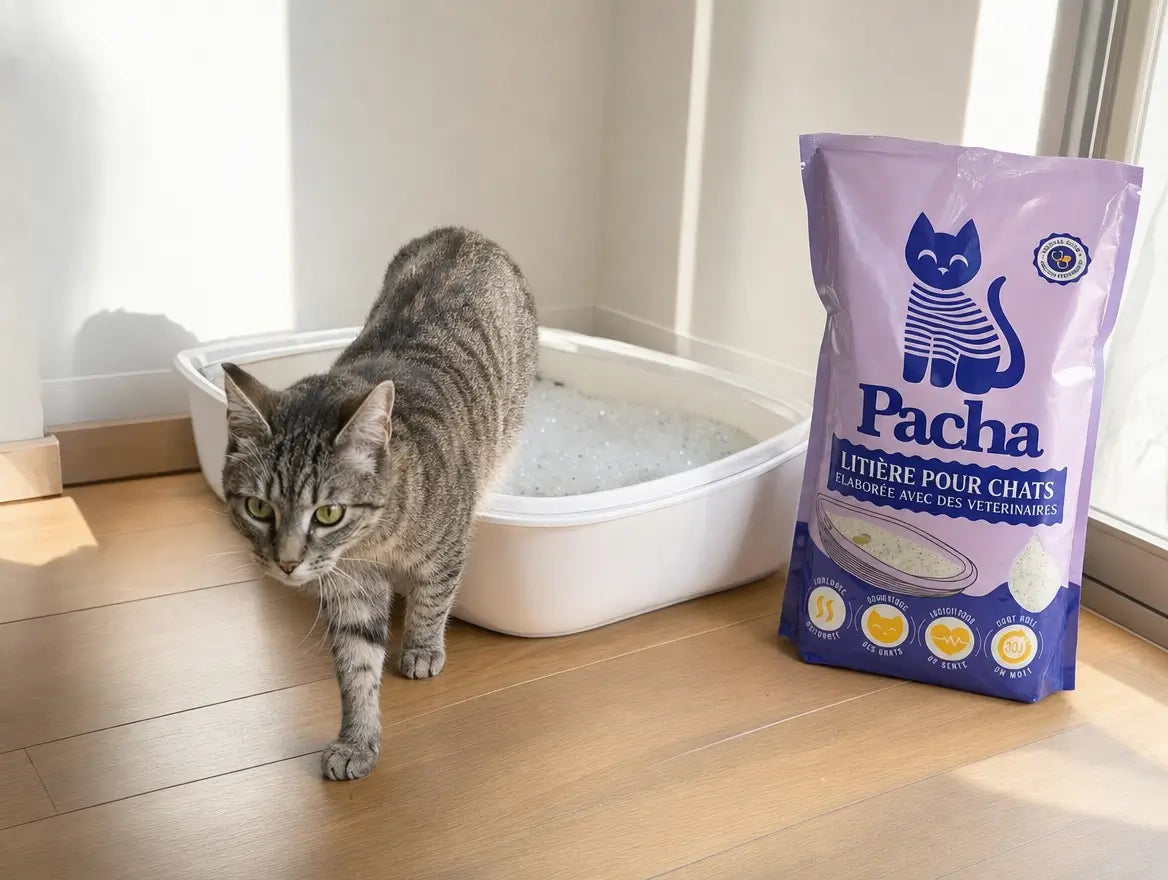 Chat tigré gris sortant d'un bac à litière Pacha propre, sac de litière Pacha posé à côté