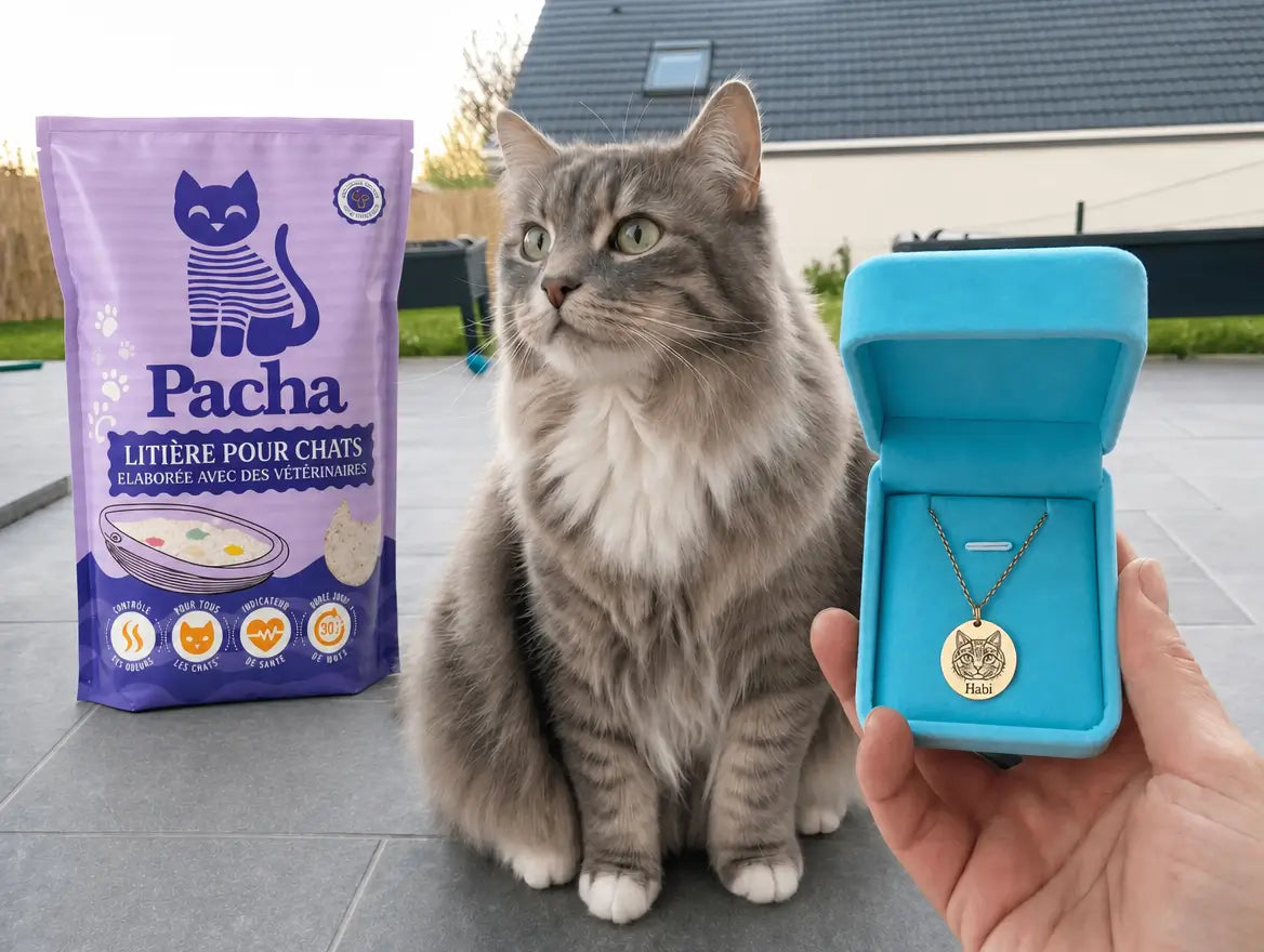 Chat gris-blanc longhair assis en extérieur à côté du sac de litière Pacha violet — main qui présente le collier Pacha doré gravé « Habi » dans son écrin bleu