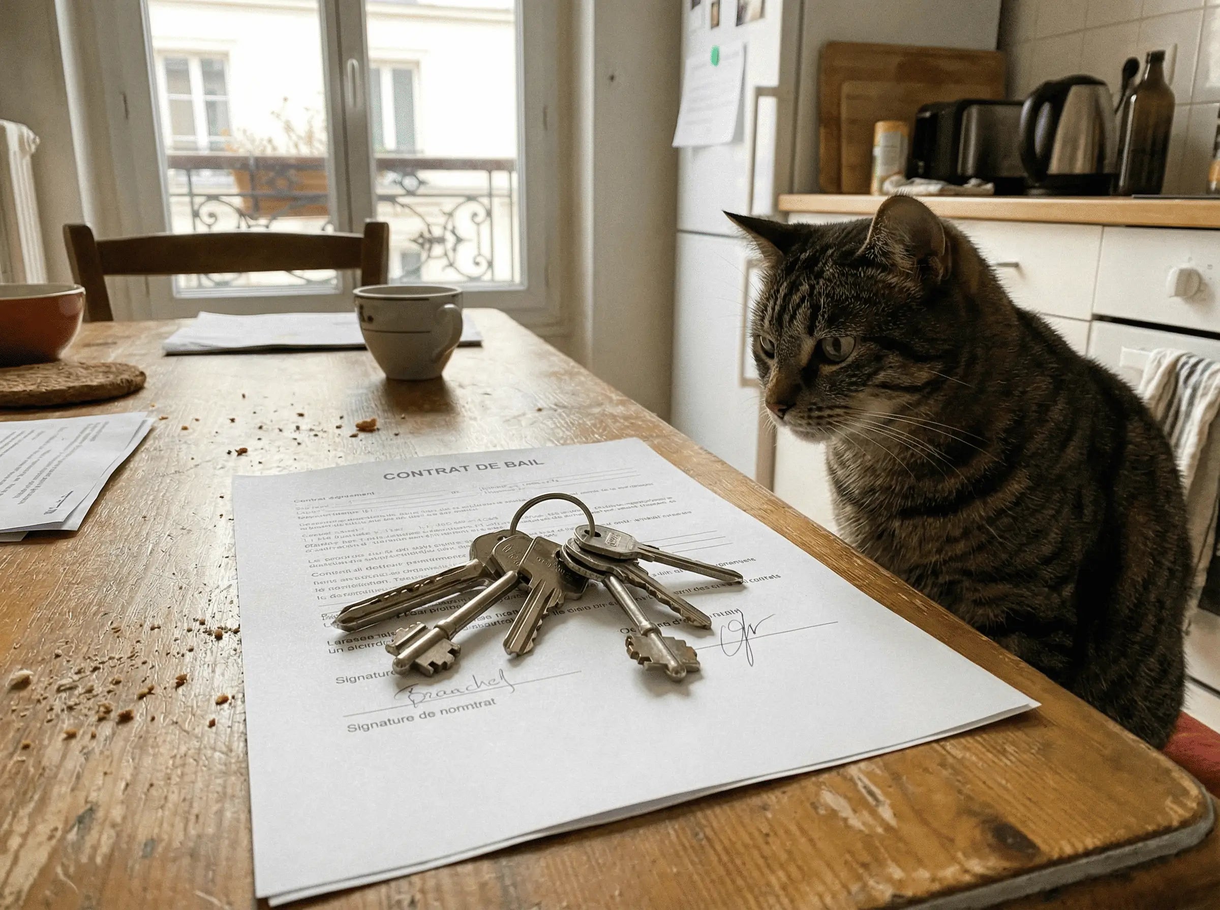 Contrat de bail avec clés et chat sur une table de cuisine