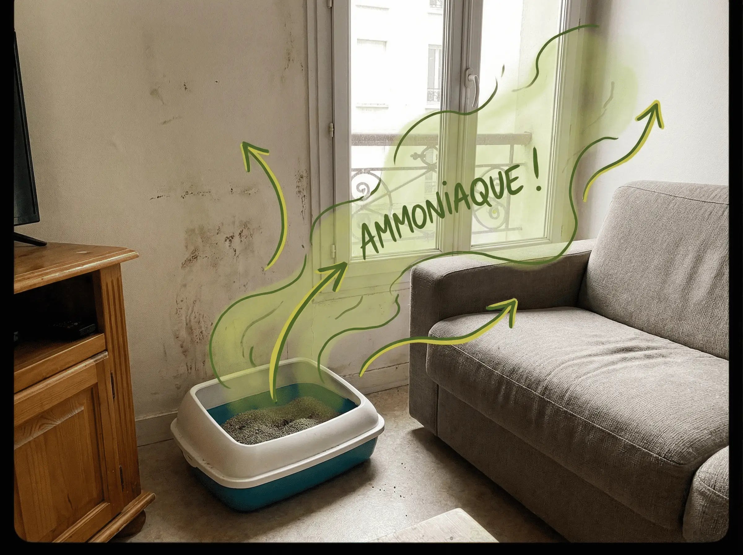 Bac à litière avec ammoniaque qui s'échappe vers les murs