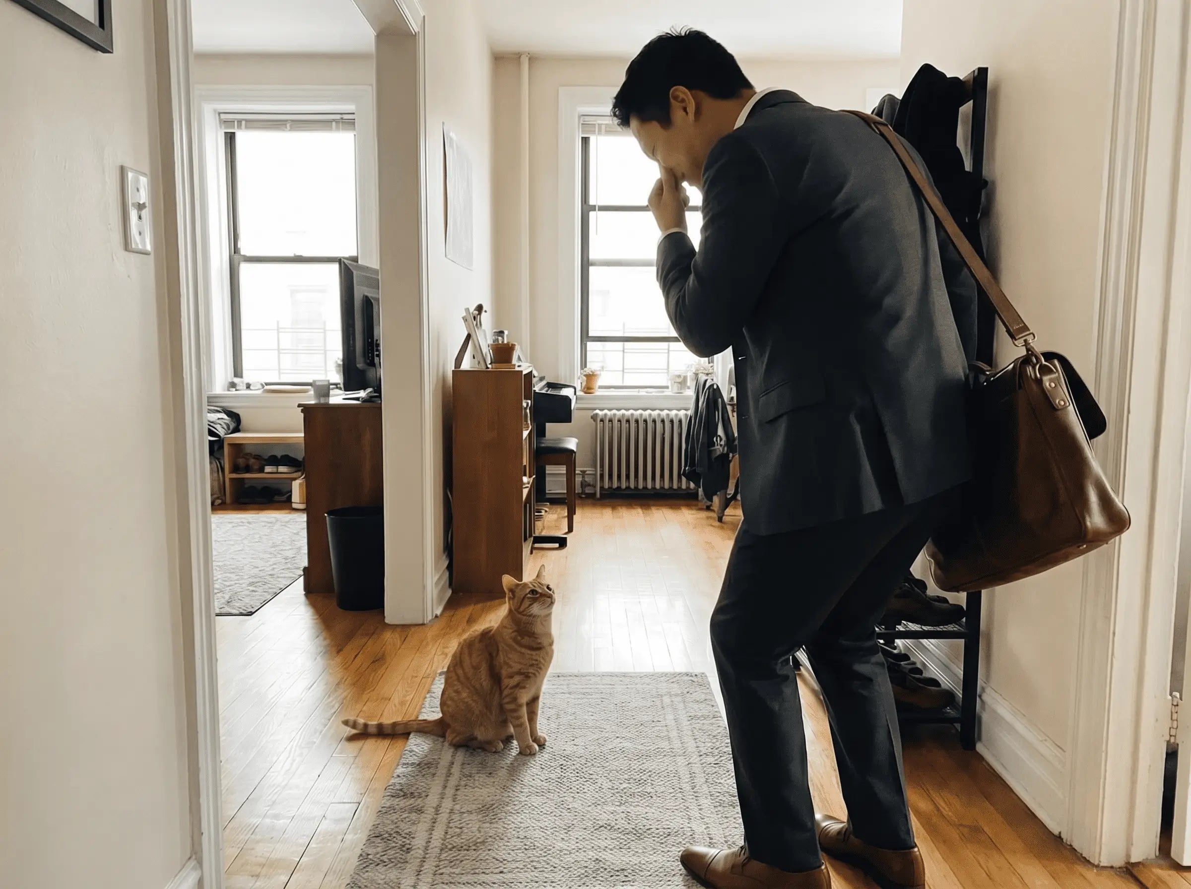 Un propriétaire qui se pince le nez en entrant dans un appartement avec un chat