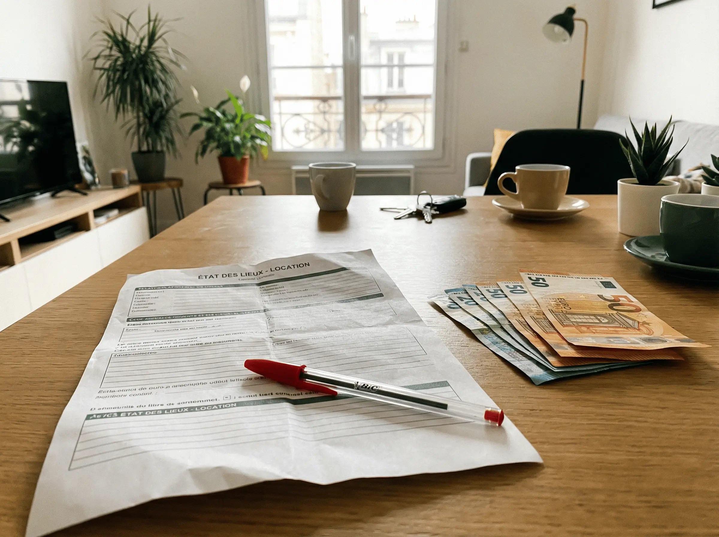État des lieux avec stylo rouge et billets euros sur la table