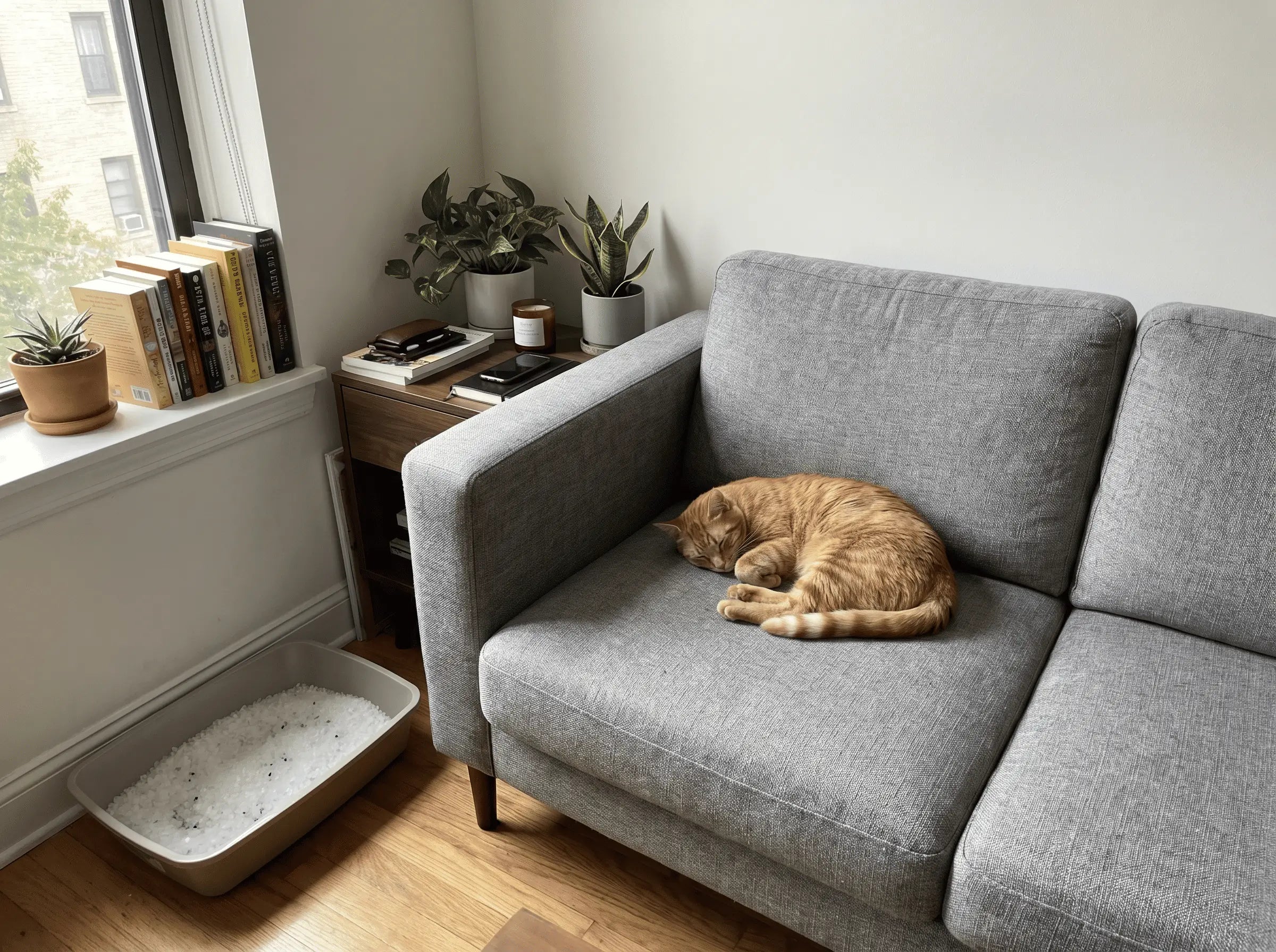 Salon d'appartement avec un chat sur le canapé et un bac à litière propre dans le coin
