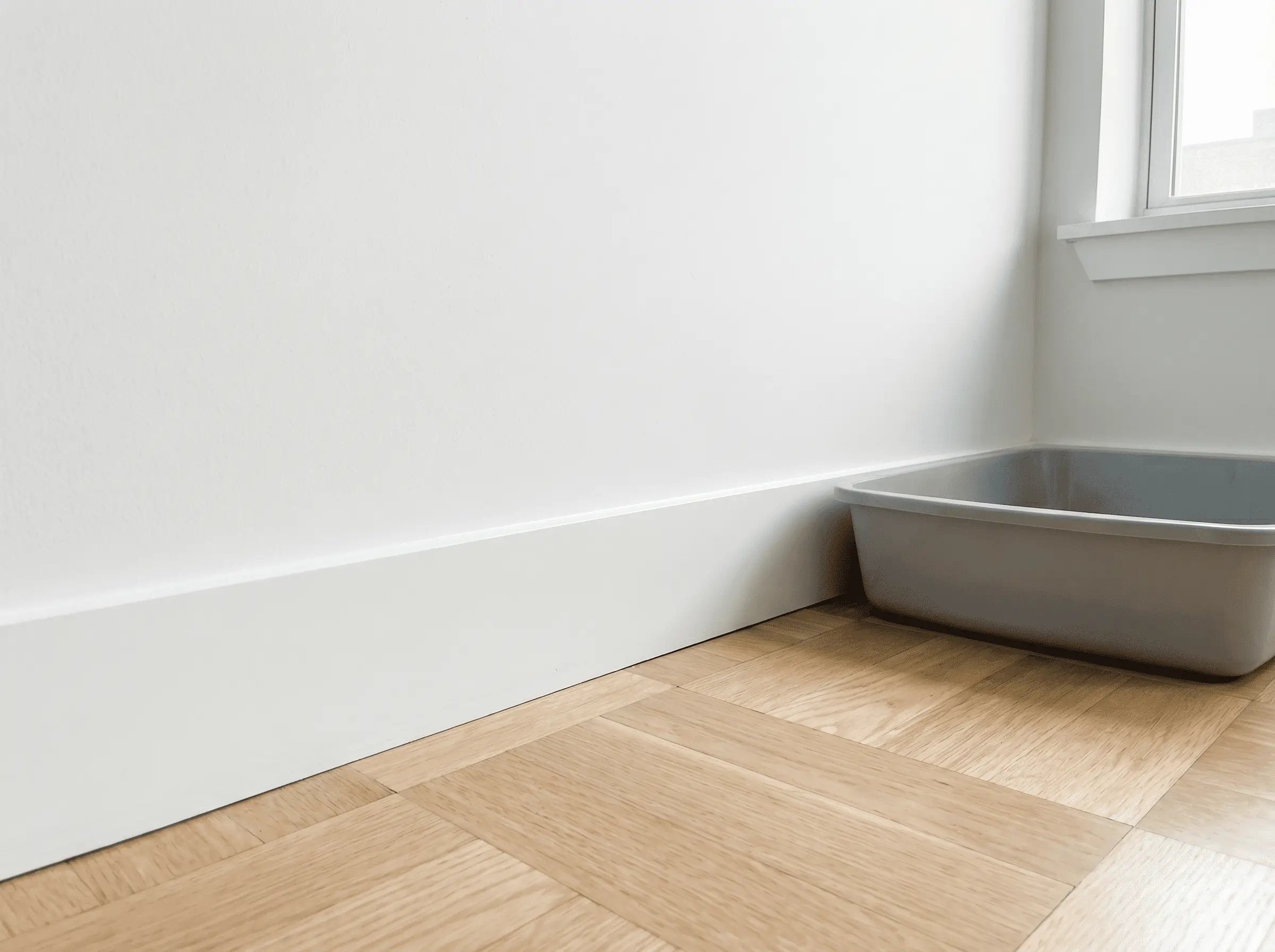 Mur blanc et parquet propres avec bac à litière dans le coin, aucune trace ni décoloration