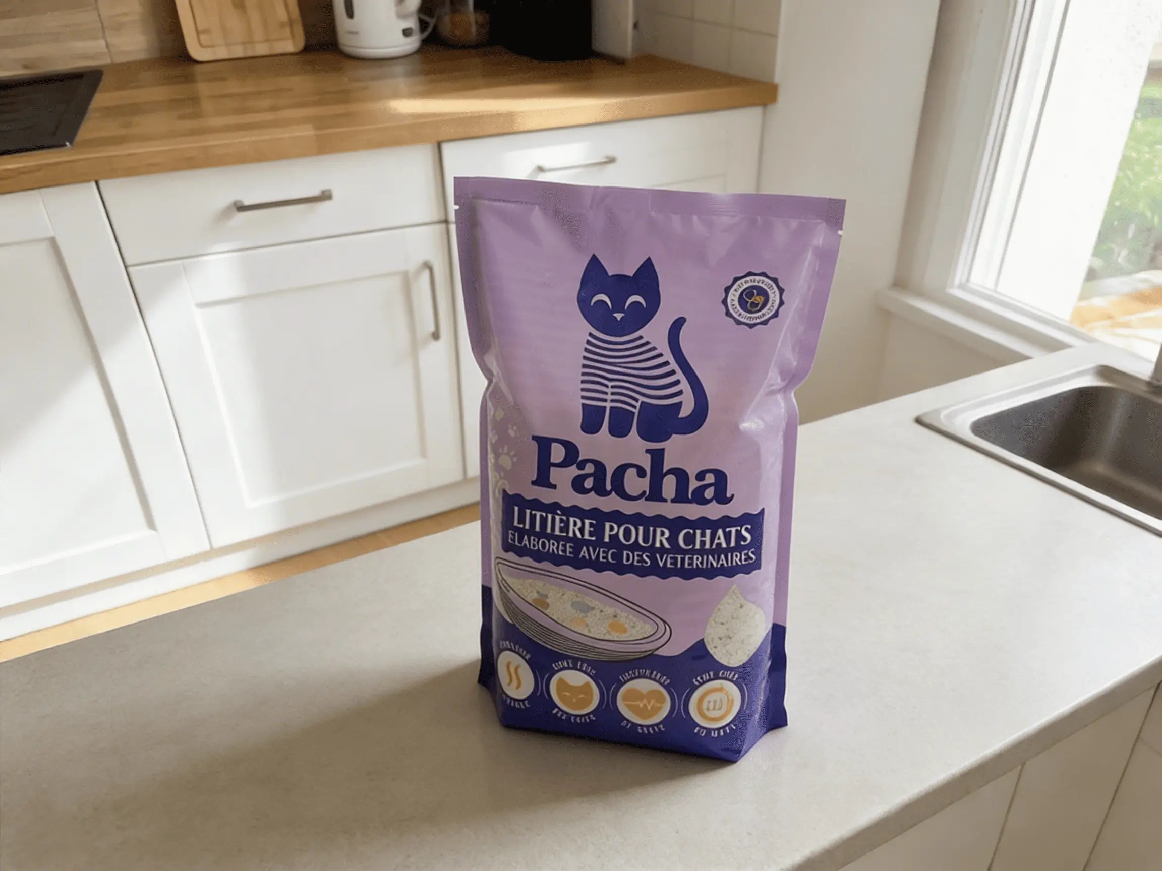 Sac Pacha violet posé sur un comptoir de cuisine