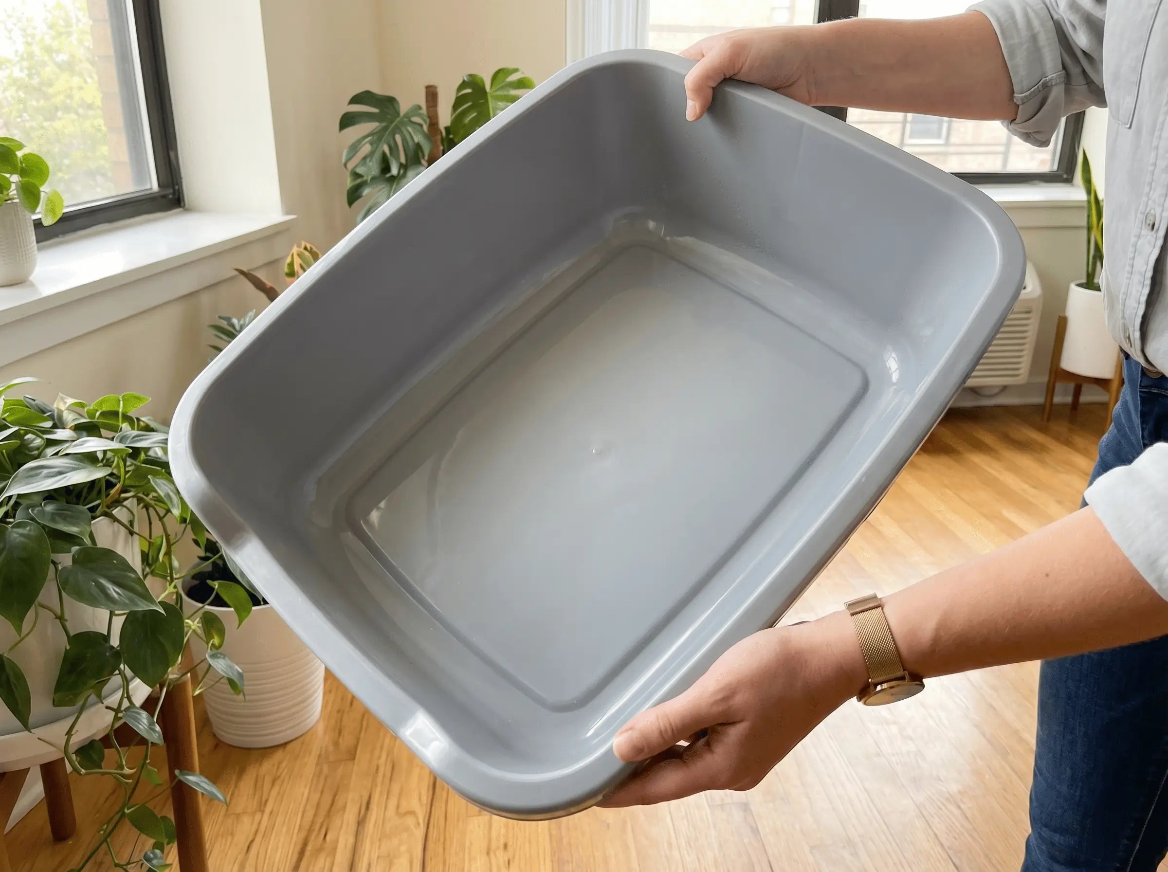 Bac à litière vide tenu à bout de bras, parfaitement propre, aucune tache
