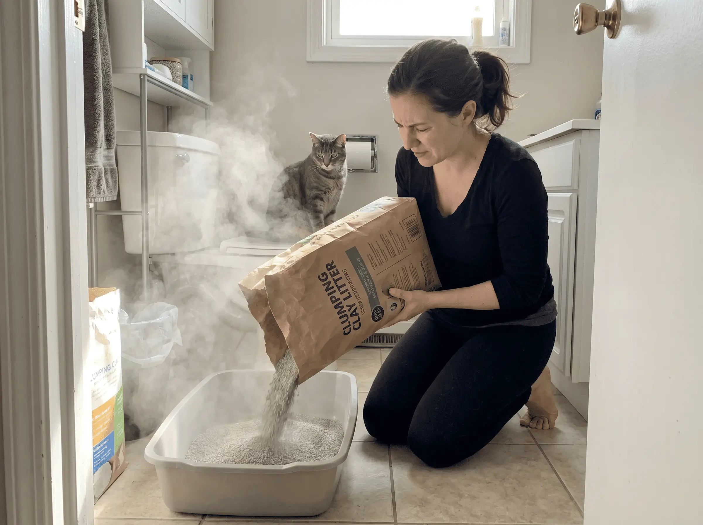 Femme qui verse un sac de litière agglomérante, nuage de poussière, chat en retrait