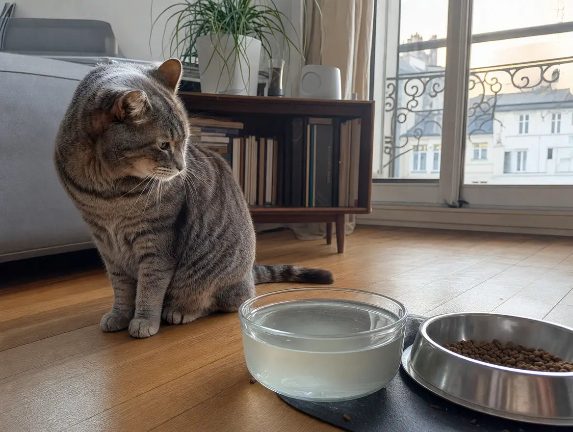 Chat tigré gris désintéressé devant son bol d'eau plein, dans un salon parisien lumineux