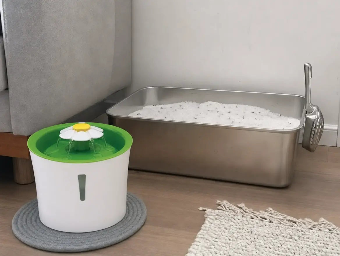 Fontaine à eau posée à côté d'un bac à litière en inox rempli de cristaux Pacha dans un appartement