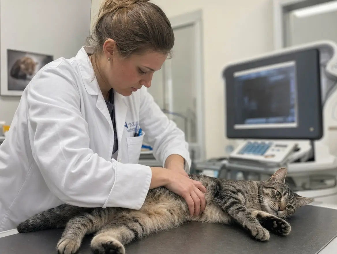 Vétérinaire qui palpe l'abdomen d'un chat tigré gris allongé sur la table d'examen, échographe en arrière-plan