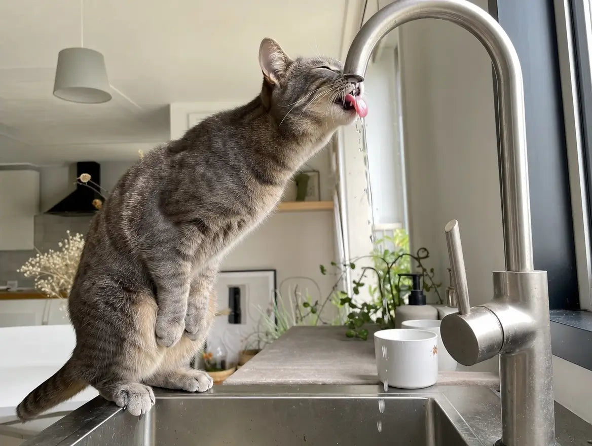 Chat tigré gris debout sur le rebord de l'évier, langue tirée pour boire au filet d'eau du robinet de cuisine