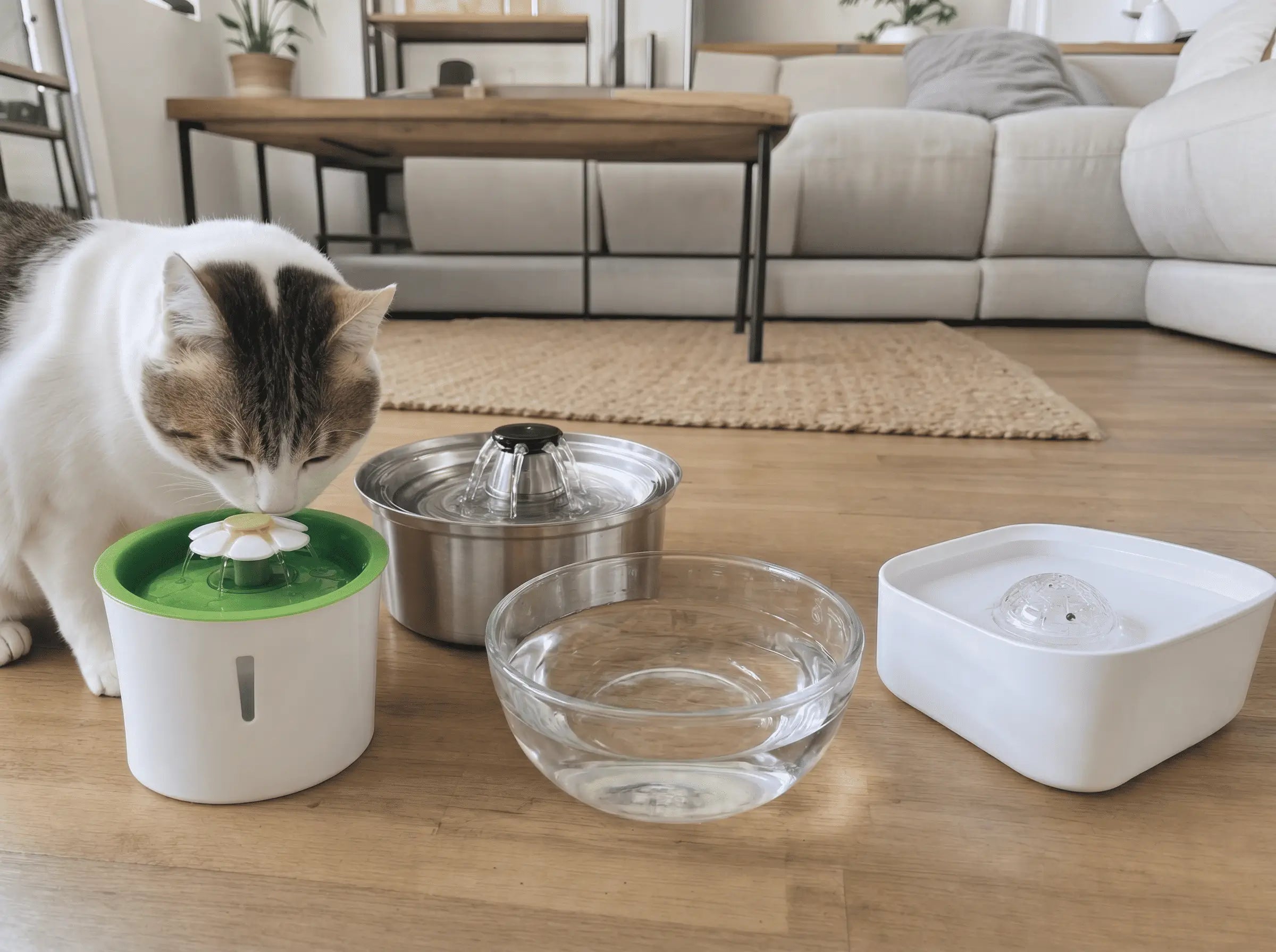 Chat buvant à une fontaine entre un bol en verre et d'autres modèles de fontaines