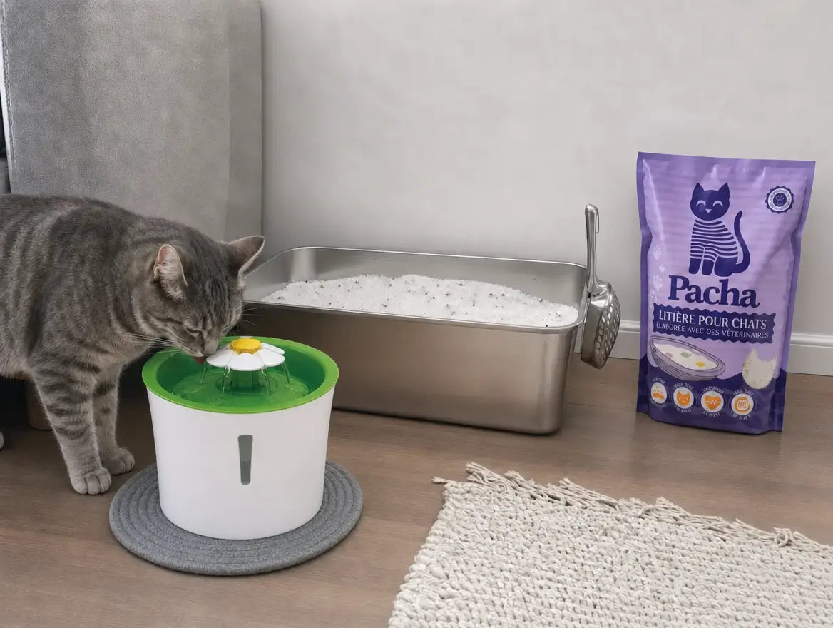 Chat tigré gris boit la fleur d'une fontaine à eau posée dans un appartement, à côté du bac à litière et du sac Pacha