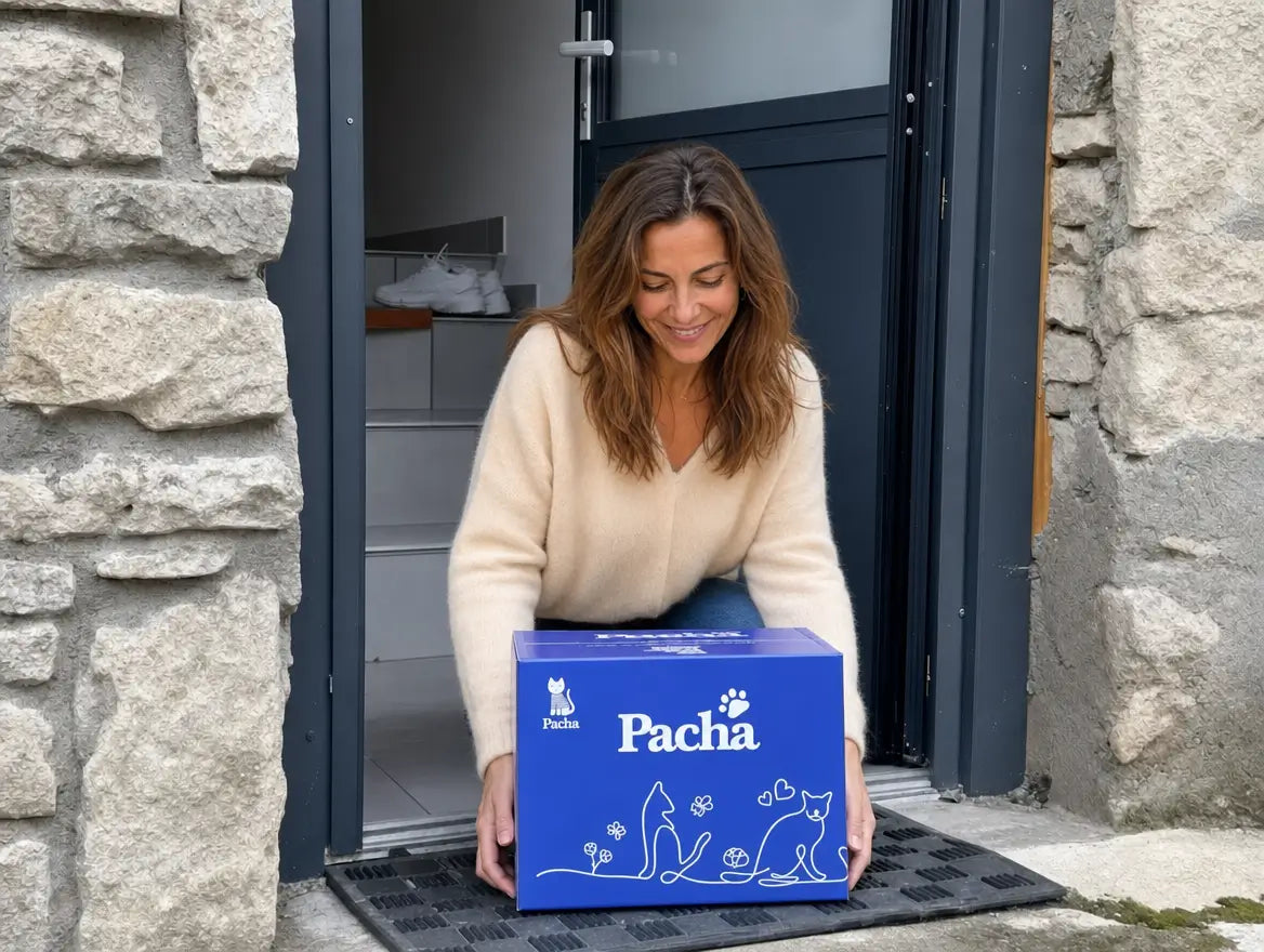 Cliente Pacha qui réceptionne son colis Pacha sur le pas de la porte