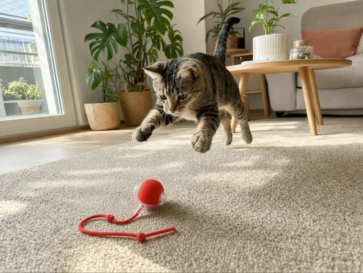 Chat tigré en plein bond sur une Balle Roulante Pacha qui roule sur un tapis clair, dans un salon lumineux — scène de chasse autonome