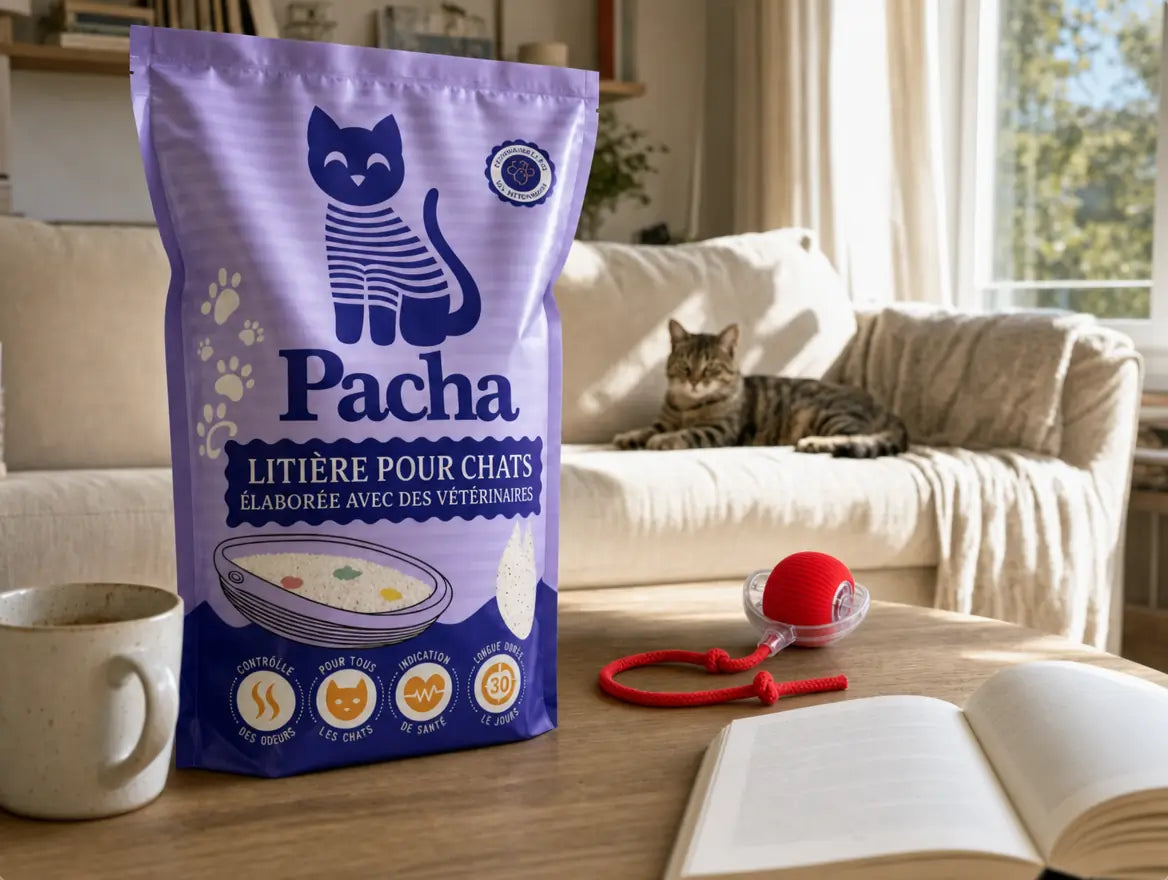 Sac de litière Pacha posé sur une table basse à côté de la balle en peluche, chat tigré qui regarde la scène depuis le canapé — scène de vie quotidienne