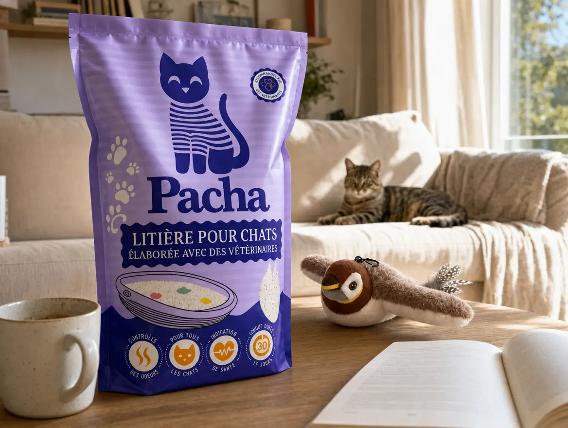 Sac de litière Pacha posé sur une table basse à côté du Flybird en peluche, chat tigré qui regarde la scène depuis le canapé — scène de vie quotidienne