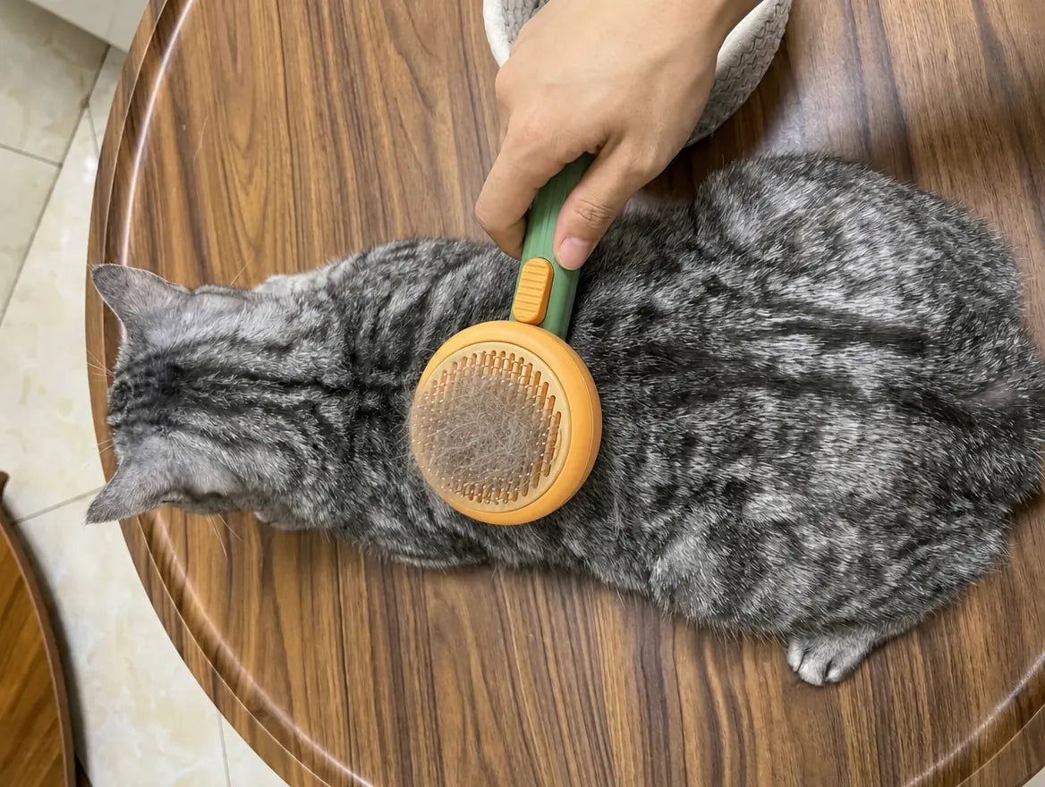 Sac de litière Pacha posé sur une table basse à côté du Gratte-Gratte Pacha, chat tigré qui regarde la scène depuis le canapé — scène de vie quotidienne