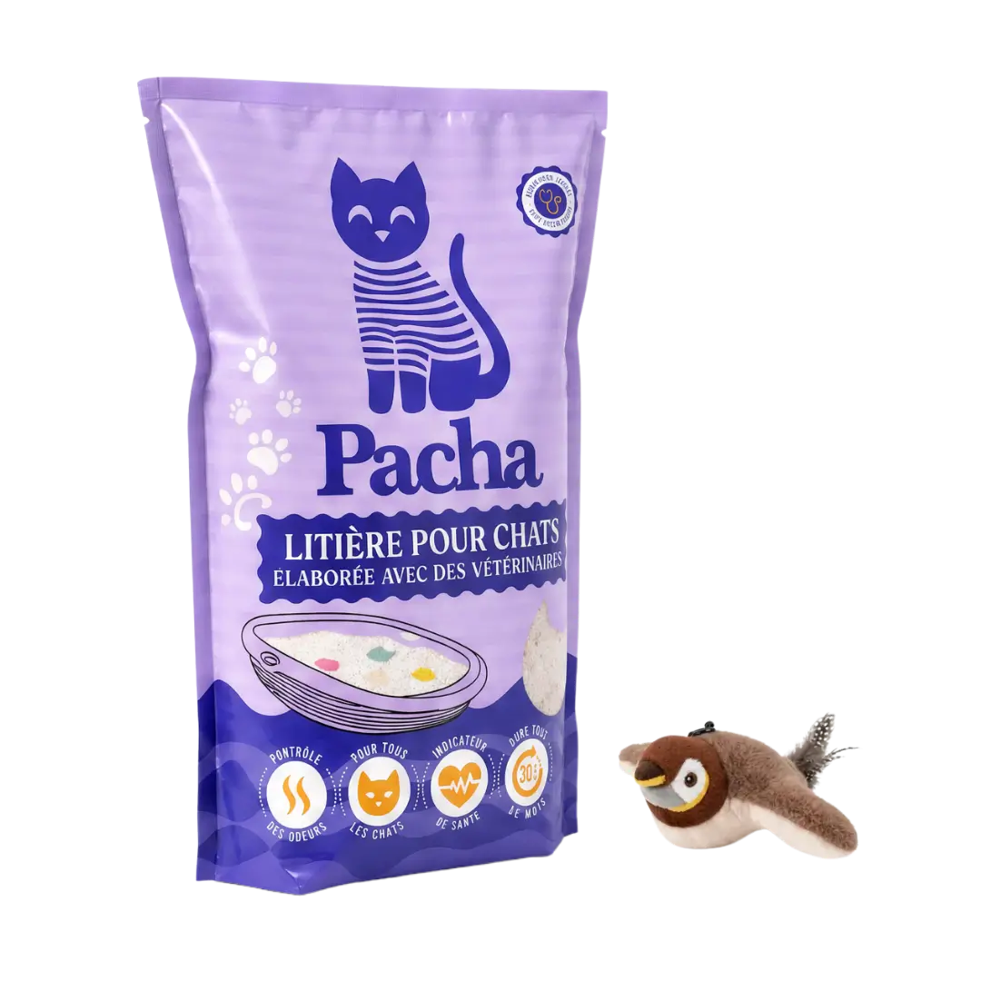 Packshot studio fond blanc — sac de litière Pacha violet et Flybird (peluche oiseau marron) posés côte à côte, lumière douce