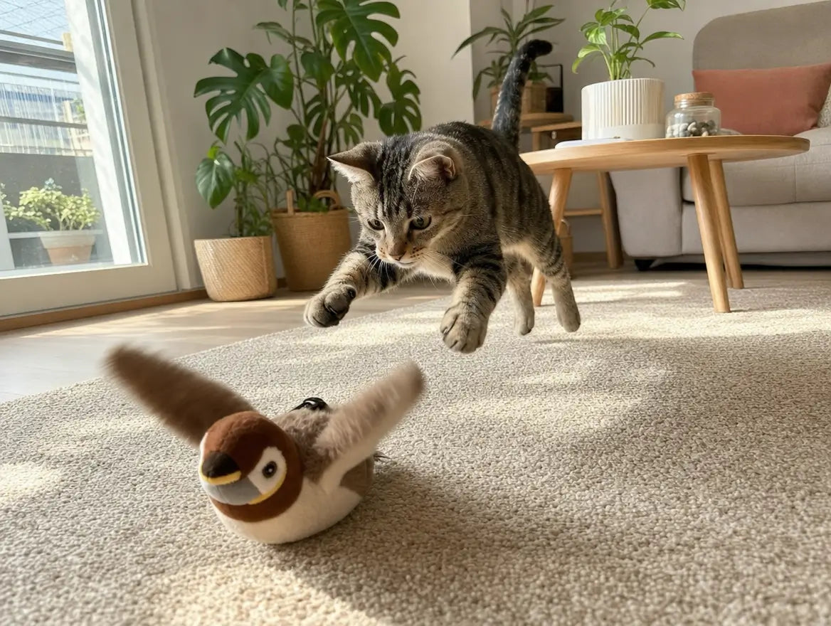 Chat tigré bondissant sur un Flybird Pacha en peluche oiseau qui bat des ailes au sol, dans un salon lumineux — scène de jeu autonome