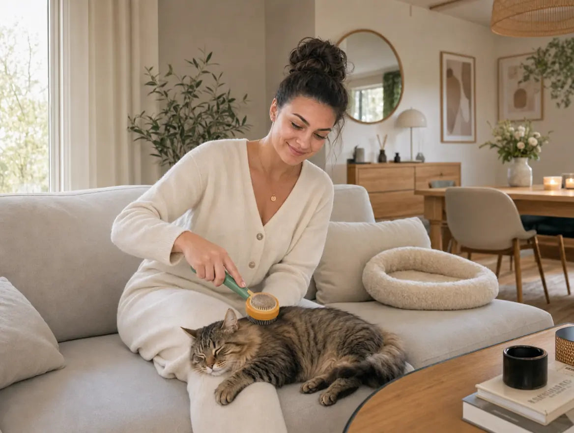 Chat tigré qui ronronne pendant son brossage avec le Gratte-Gratte Pacha (brosse orange à poils souples sur manche vert) — le chat se laisse faire les yeux mi-clos, sensation massage agréable