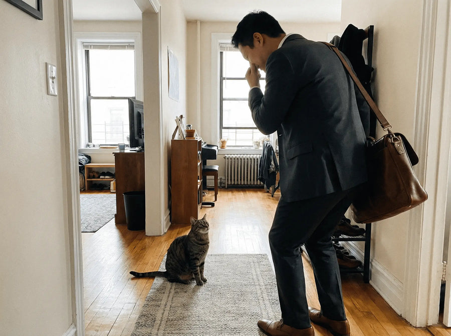 Homme en costume qui rentre dans l'appartement et se pince le nez en passant devant le chat tigré assis sur le tapis — la réaction qu'on craint à chaque visite