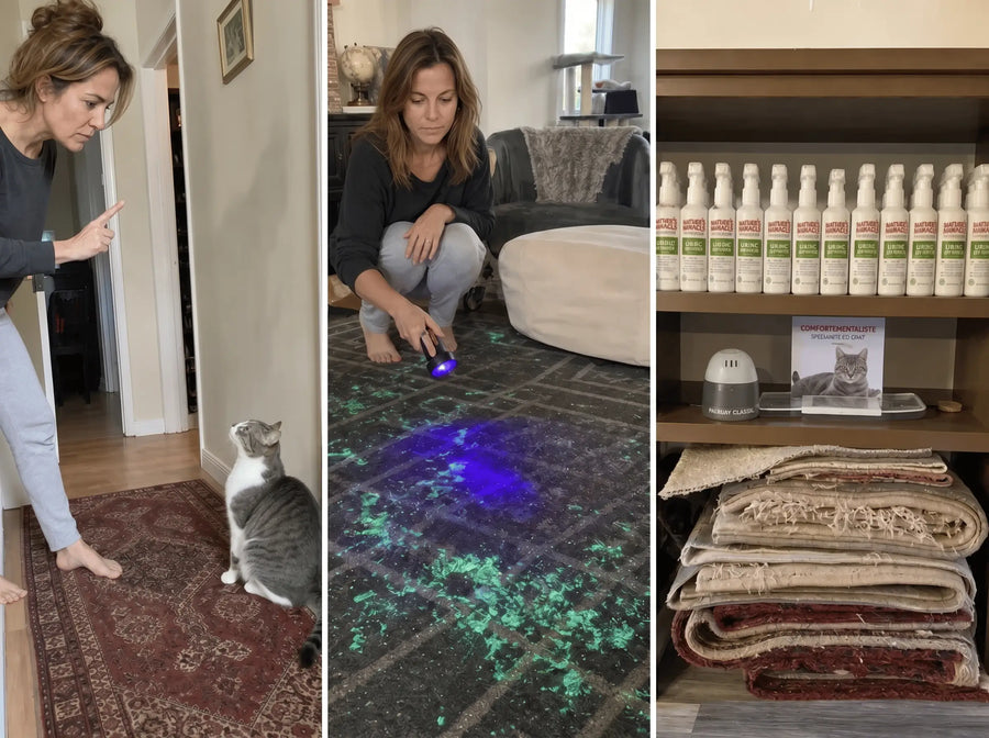 Triptyque des 8 mois d'essais infructueux — Marion doigt levé qui réprimande Milo dans le couloir, lampe UV qui révèle des taches fluorescentes sur le tapis, étagère encombrée de 14 flacons de spray enzymatique, diffuseur de phéromones et pile de tapis pliés