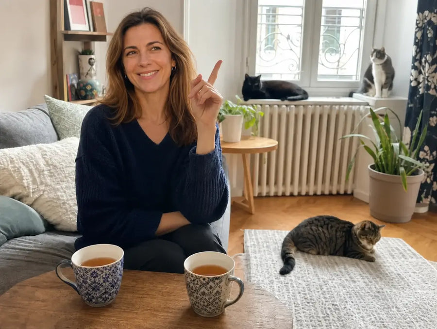 Marion sur le canapé chez son amie, deux tasses de thé sur la table basse, trois chats visibles dans le salon — un noir sur le radiateur, un tigré sur le tapis, un gris-blanc sur le rebord de la fenêtre. Expression de révélation.