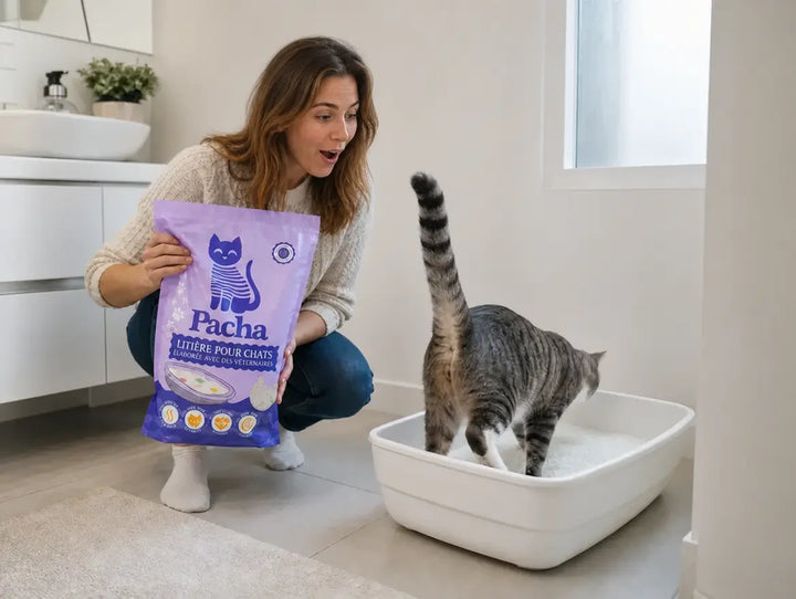 Marion accroupie qui tient le sac Pacha violet lilas, expression surprise et émue, son chat tigré Milo queue dressée bien droite qui entre dans le bac de cristaux Pacha blancs frais — premier moment où il dit oui au bac