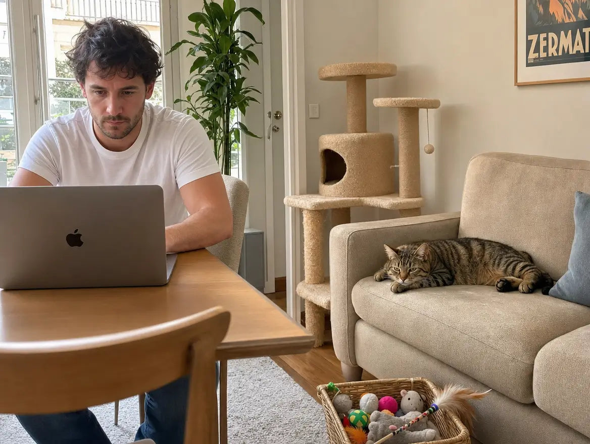 Chat tigré allongé sur un canapé qui fixe son propriétaire en télétravail derrière son ordinateur portable, panier de jouets ignorés au sol — scène d'ennui quotidien