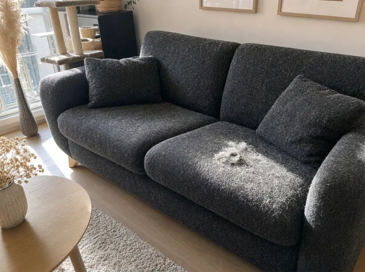 Canapé en tissu beige clair recouvert de poils de chat — sous-poil mort accumulé en touffes, propriétaire qui se passe la main dans les cheveux et soulève une mèche pleine de poils