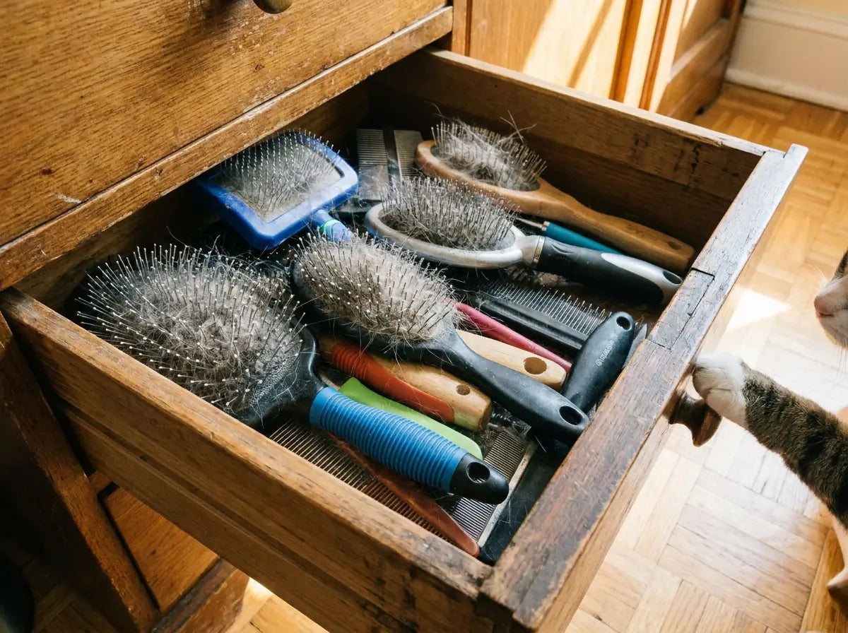 Tiroir ouvert rempli de brosses pour chat différentes — brosse en métal, étrille, gant en caoutchouc, peigne à poils raides — accumulés au fil des années et inutilisés