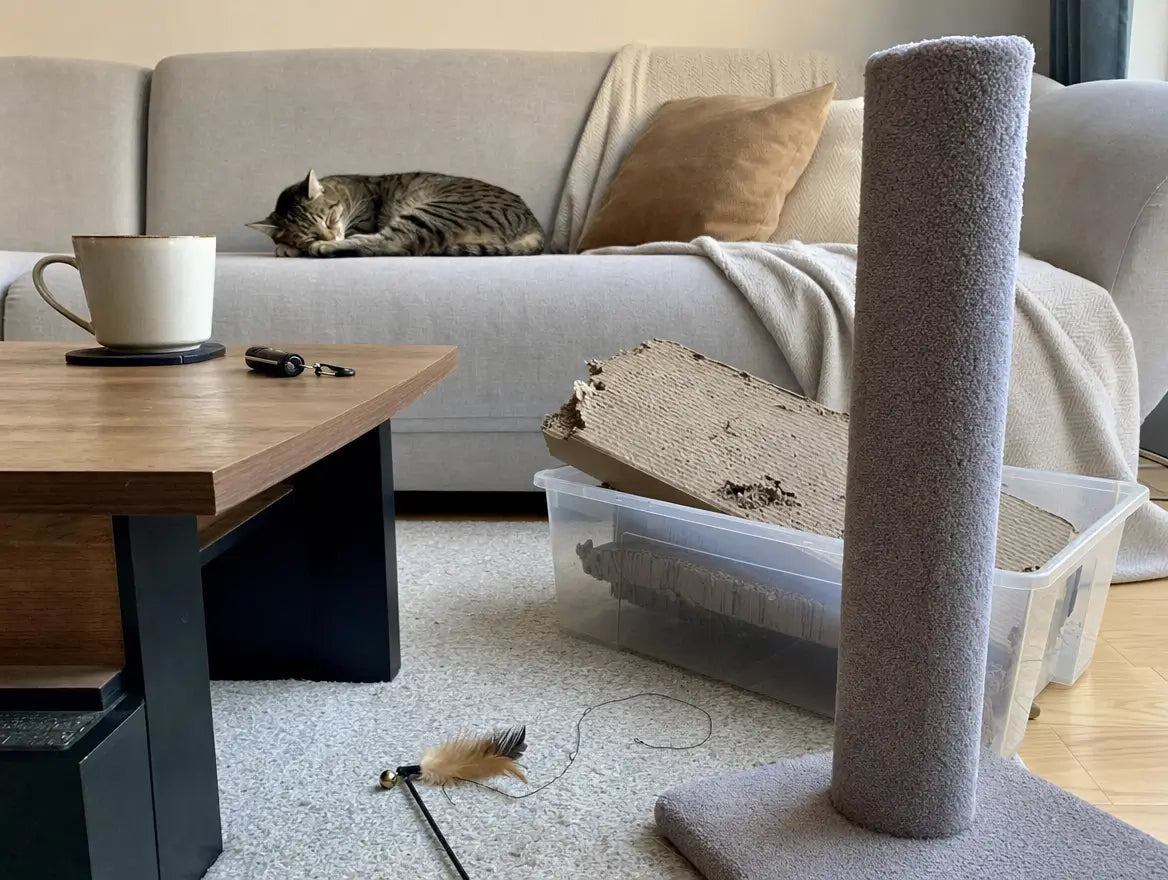 Coin de salon — poteau à griffer vertical intact, canne à pêche posée par terre, peluches dans un panier, laser oublié sur la table — outils qui ne réveillent plus l'instinct