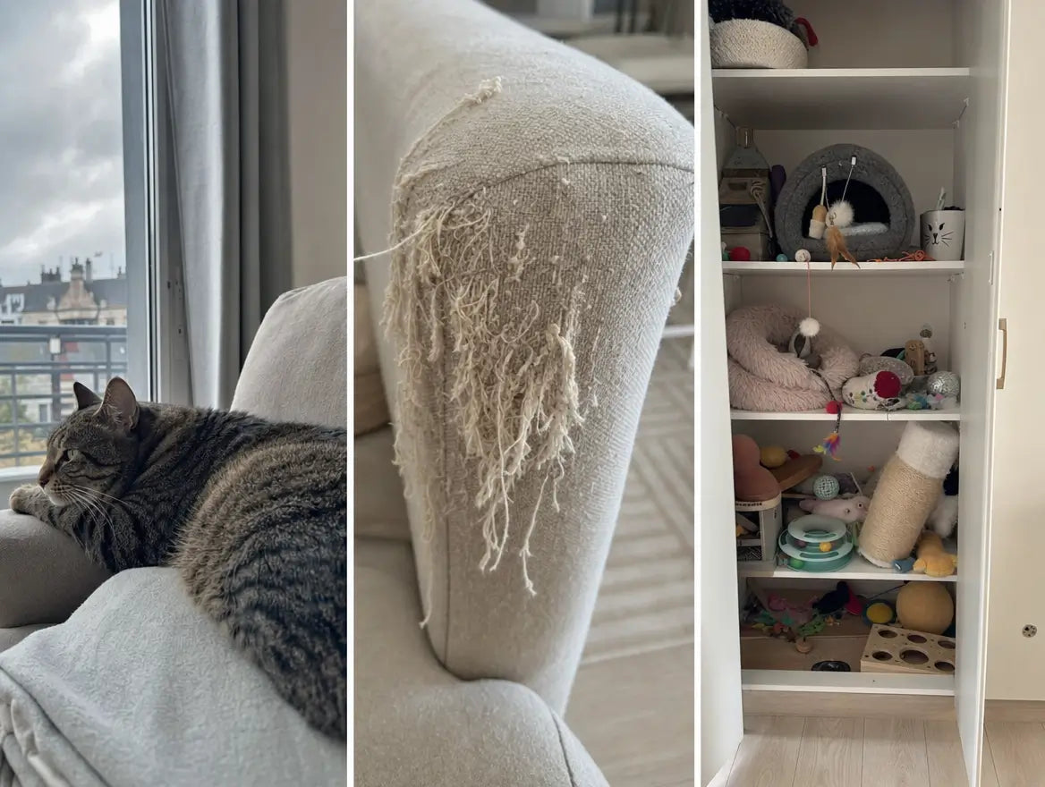 Triptyque split en 3 panneaux : chat tigré qui s'ennuie sur un canapé, accoudoir de canapé griffé en lambeaux, propriétaire en télétravail qui culpabilise pendant que le chat le fixe — trois pain points résumés