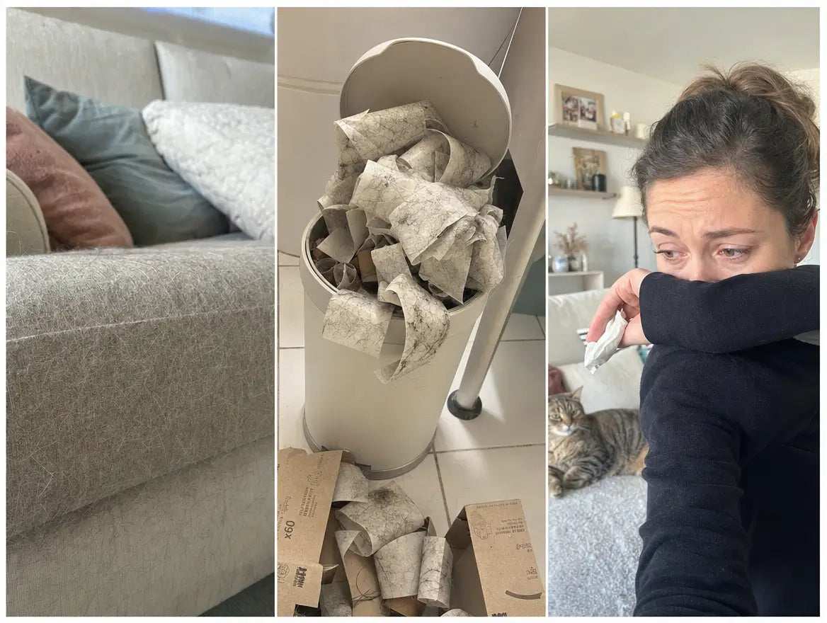Triptyque split en 3 panneaux : chat à poils mi-longs qui mue sur un coussin, propriétaire qui aspire un canapé recouvert de poils, gros plan sur une motte de sous-poil retirée d'un chat — trois pain points résumés