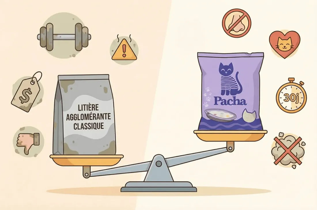Balance comparant litière agglomérante vs Pacha