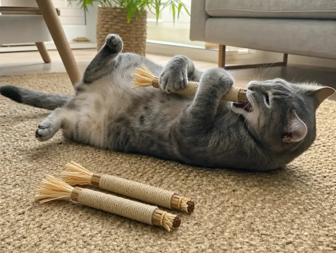 Chat tigré gris en pleine matatabi dance avec un bâtonnet, plusieurs autres bâtonnets visibles au sol