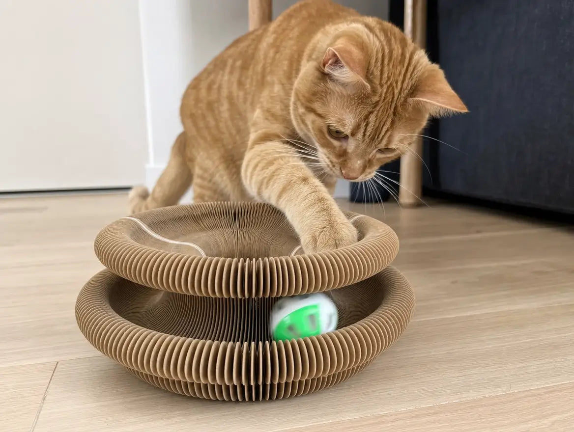 Chat tigré en train de jouer seul avec un jouet accordéon stimulant en carton ondulé, balle qui roule dans la piste circulaire