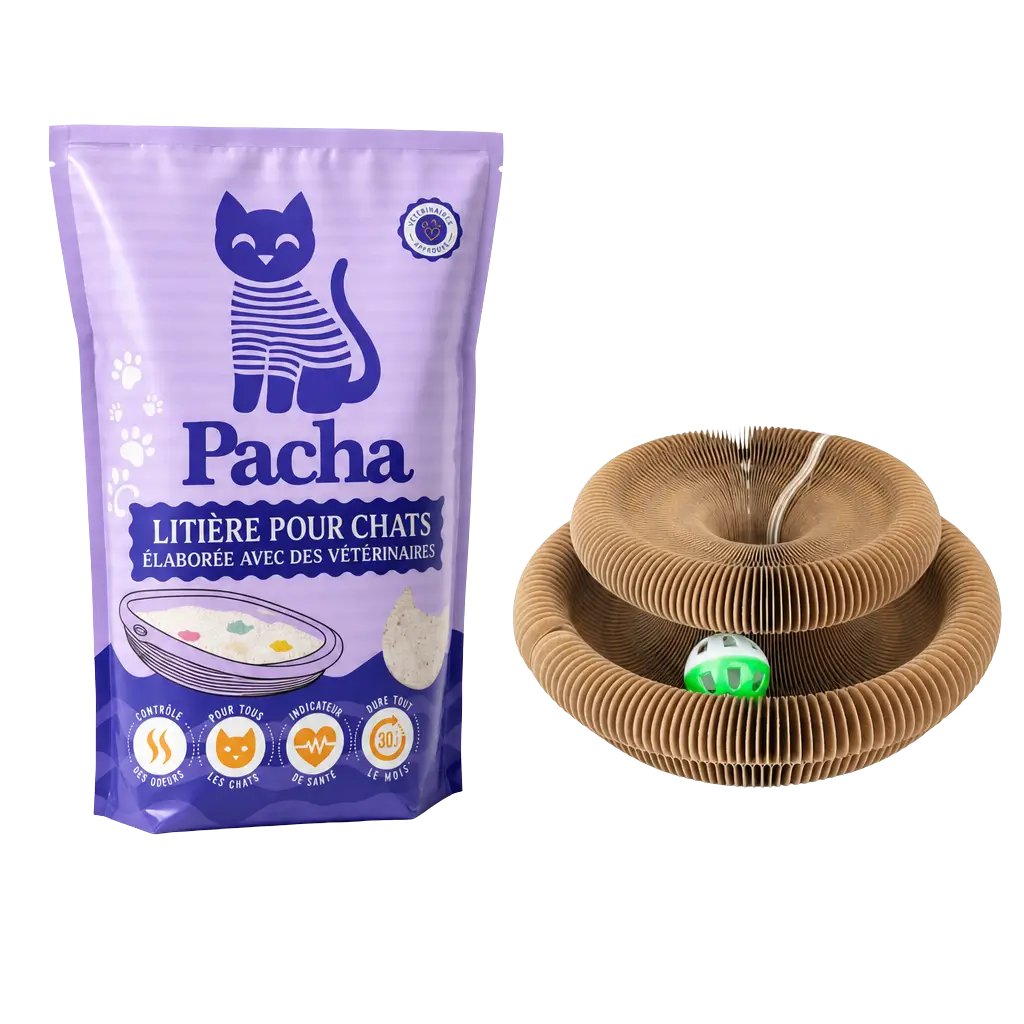 Sac de litière Pacha + jouet accordéon stimulant en carton ondulé offert