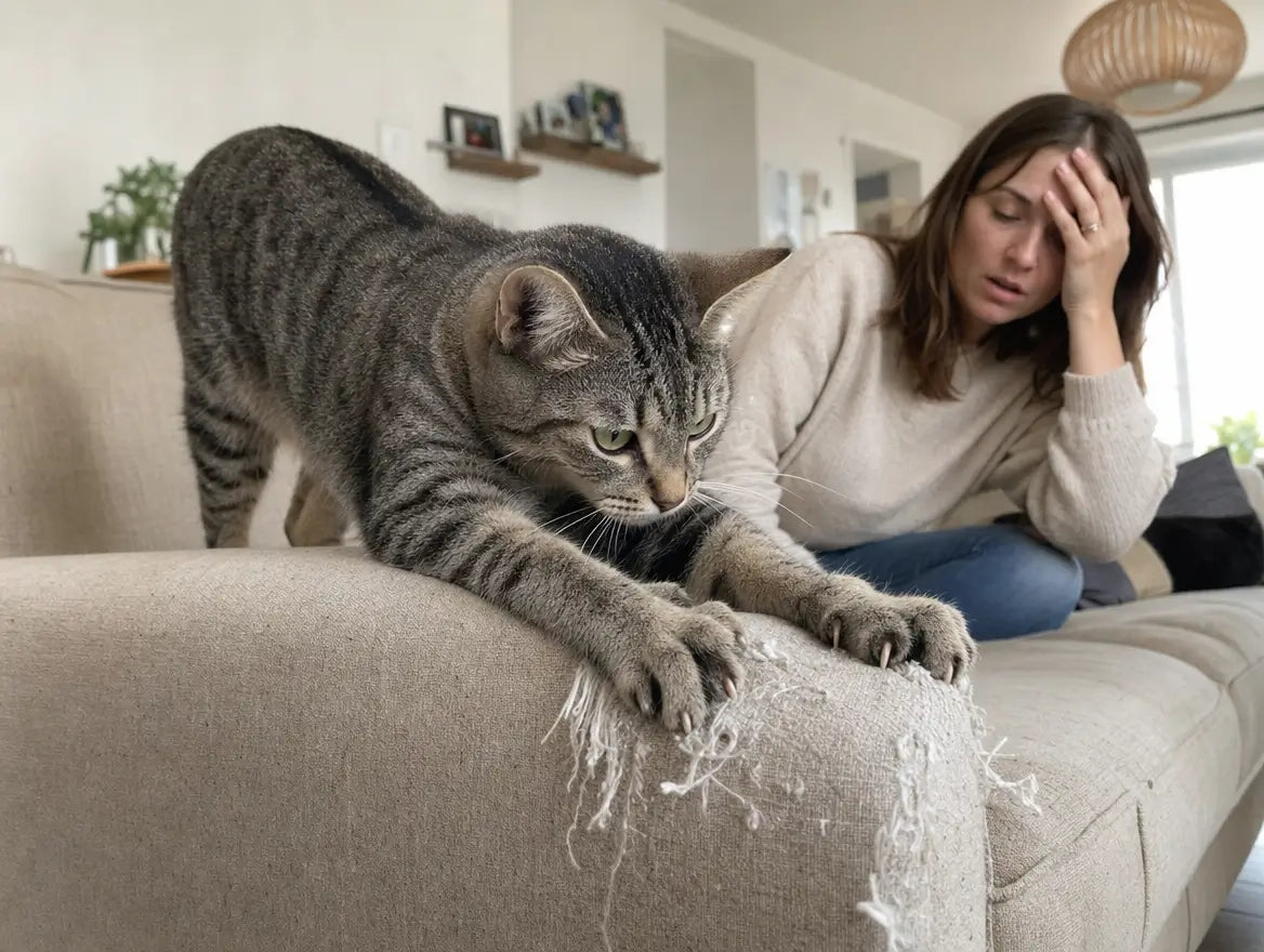 Chat tigré gris en train de griffer l'accoudoir d'un canapé en tissu, propriétaire désemparée à l'arrière-plan